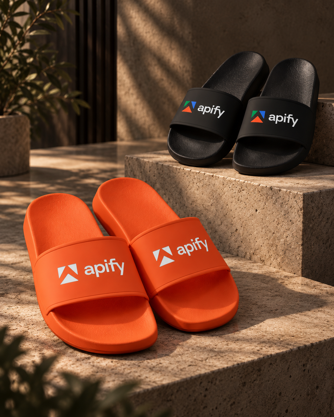 Orange and black Apify slides on stone steps