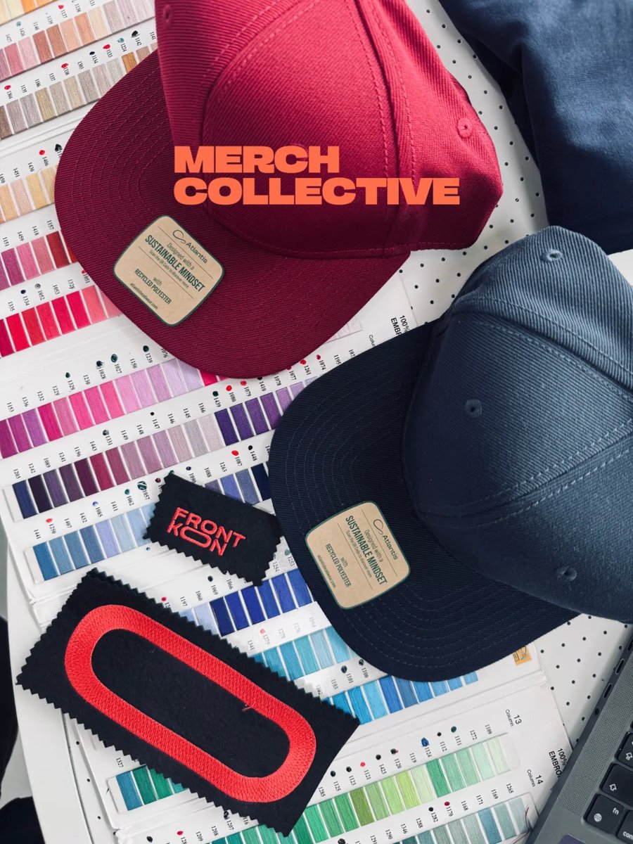 Frontkon#26 caps with woven patches next to embroidery thread color charts