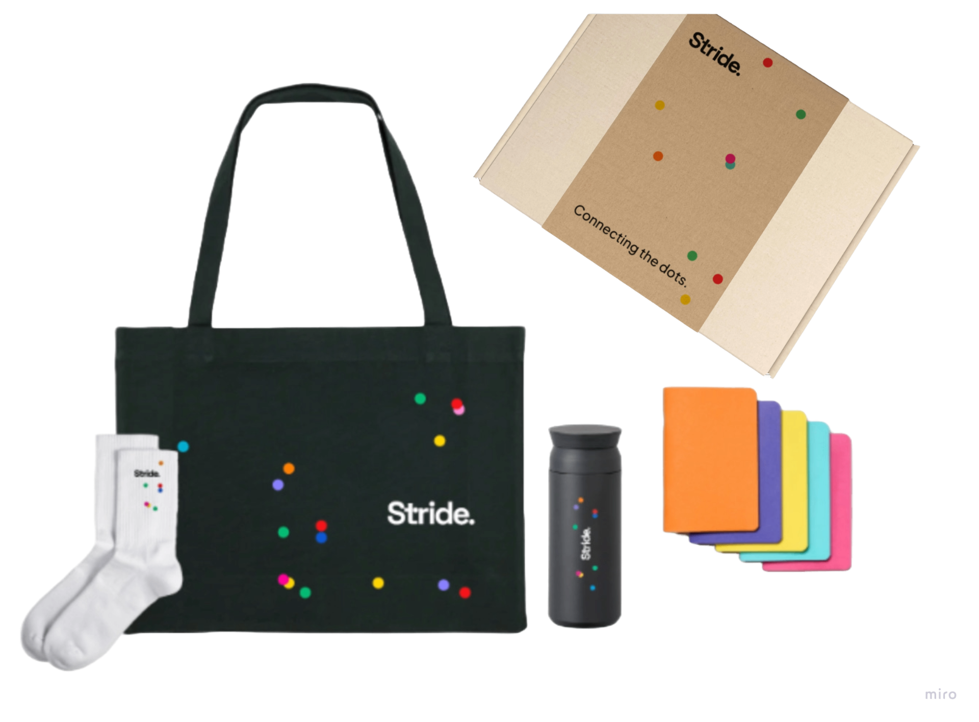 Stride branded products including tote bag, notebook, water bottle, socks and colorful cards